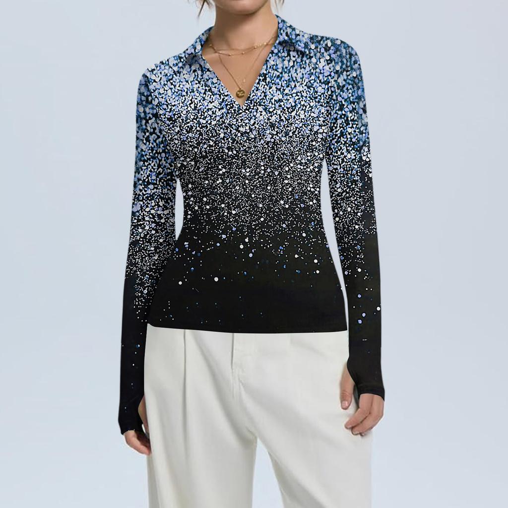 Женская Мода Повседневный Принт V-образный Вырез Длинный Рукав Застежка на Пуговицы Топ