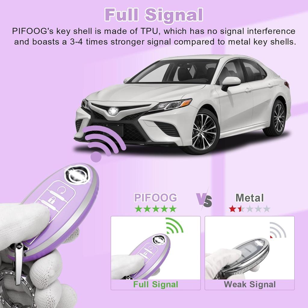 PIFOOG Key Fob Cover For Nissan 5 Button Purple With Bling Keychain Girly Car Keys Case Shell Full Covers Protector Accessories For Altima Sentra