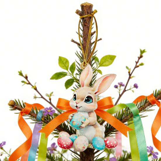 Easter Bunny Ornament 2D Flat Acrylic Bunny Car Rearview Mirror Charm Cartoon Bunny Egg Hanging