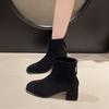 Women Ankle Boots Autumn Winter Fashion High Heels Chunky Middle Heel Suede Short Boots Woman Round Toe Back Zip Casual Shoes