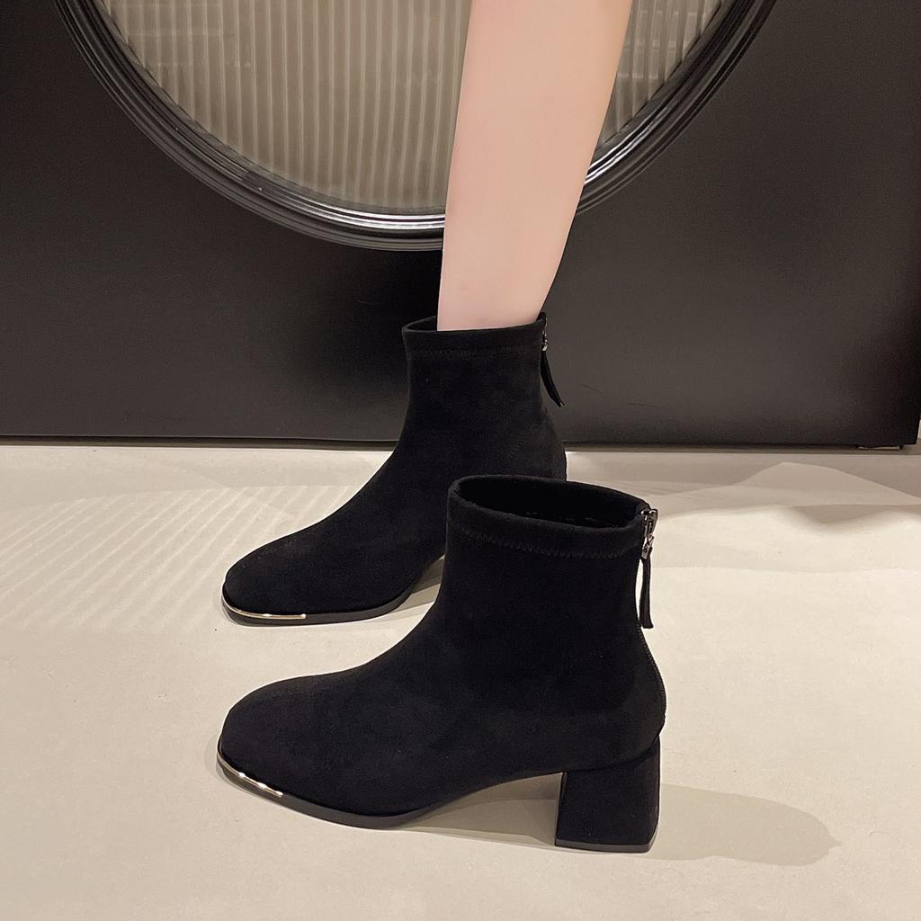 Women Ankle Boots Autumn Winter Fashion High Heels Chunky Middle Heel Suede Short Boots Woman Round Toe Back Zip Casual Shoes