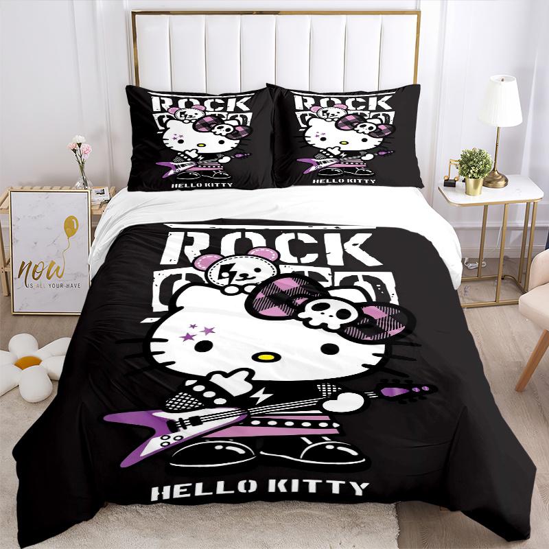 3 шт. Крутое постельное белье с рисунком Hello Kitty в стиле рок, комплект из трех предметов (1 Наволочка + 2 Наволочки, Без Наполнителей), Мягкий и удобный W021
