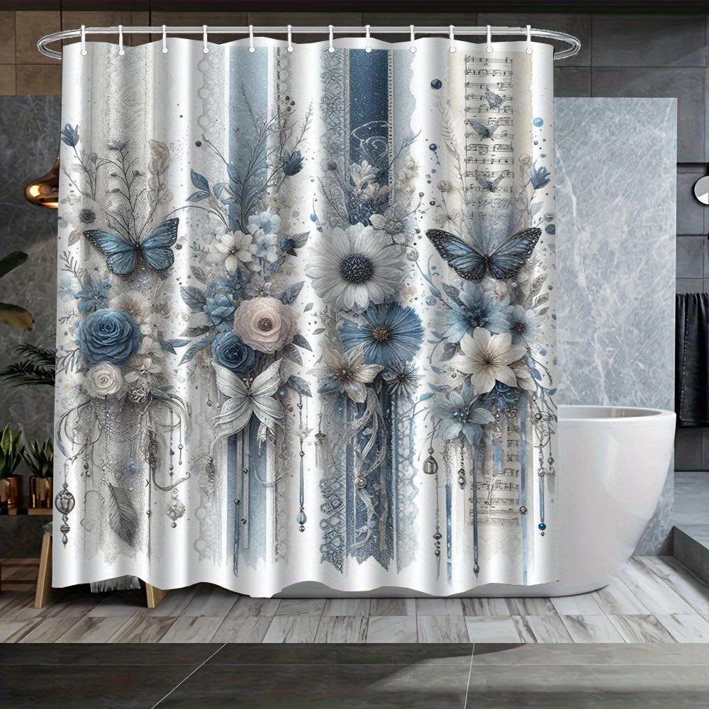 1pc Vintage blue floral and butterfly patterned shower curtain, polyester fabric, with hooks, suitable for bathroom décor.