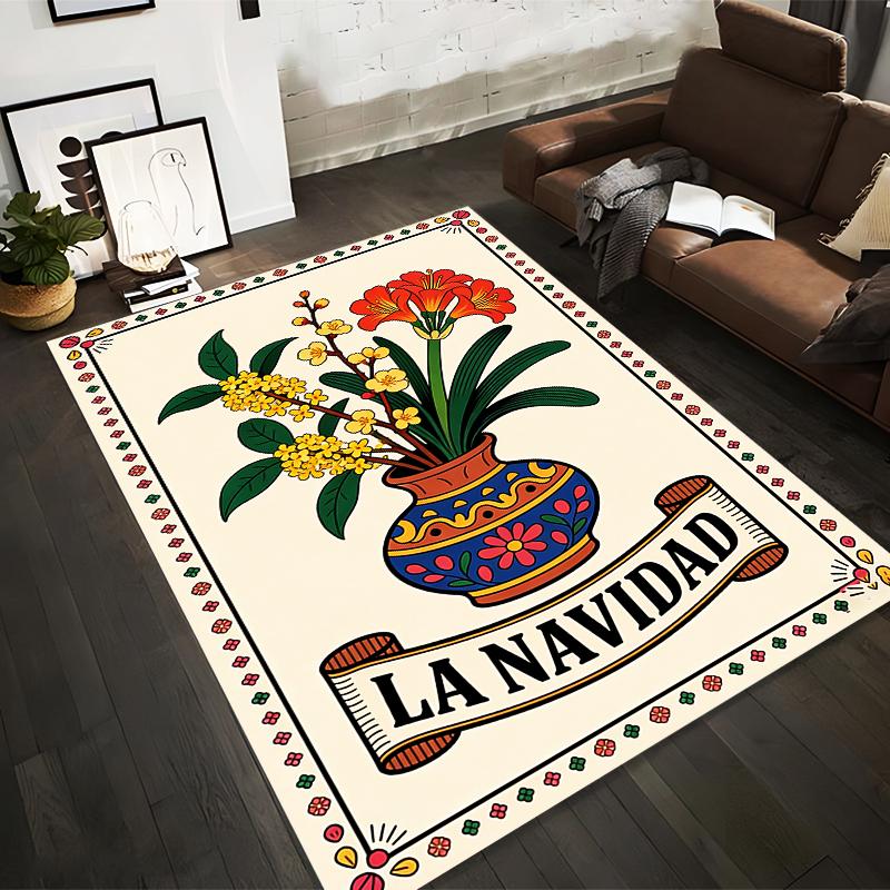 Floral Vase Print Rug with "La Navidad" Text and Festive Design Suitable for use as an anti-slip for living room bedroom sofas