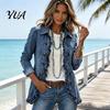 Turndown Collar Jackets Women Bohemia Floral Jacket, Ruffled Open Front Coat, Double Row Button Outerwear Slim Fit Casual Long Sleeve Outwear for Fall