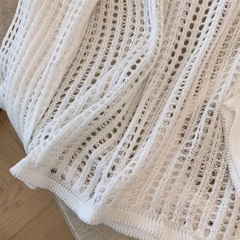 Женский летний кардиган ажурной вязки - Свободный, Приталенный, Защита от солнца, Круглый вырез, Длинный рукав, Универсальный топ.