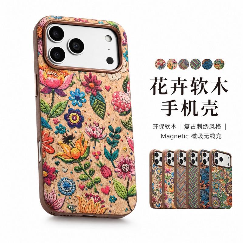 Floral Cork Magsafe Case IPhone 18 Pro Max 17 16 15 14 13 - Shockproof Magnetic Cover