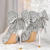 Silver Sequined Pointed High Heels Women's New Thin Heels Rhinestone Bow Wedding Shoes Temperament Crystal Single Shoes
