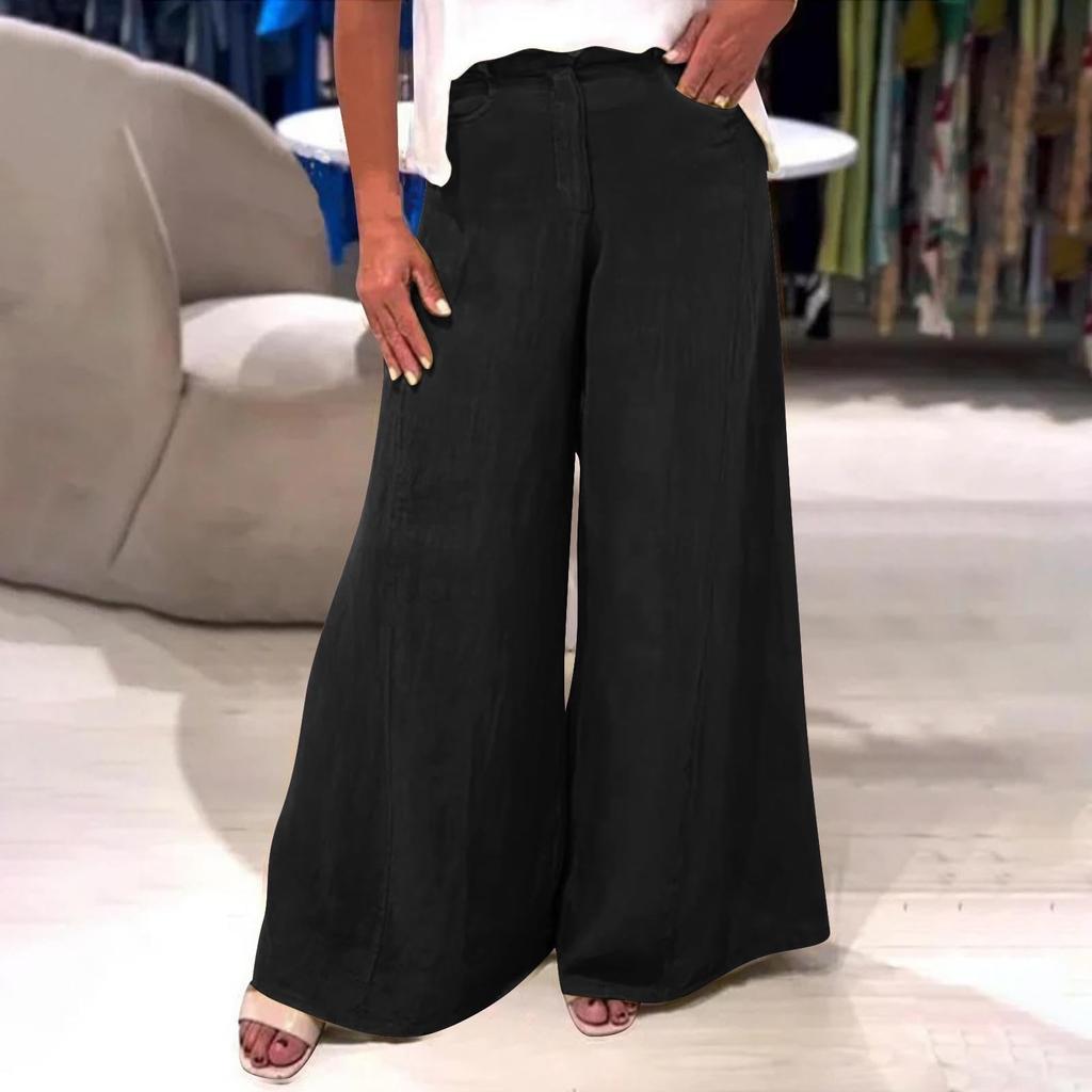 Ladies' Fashionable Loose Solid Color Casual Wide Leg Pocket Straight Leg Pants