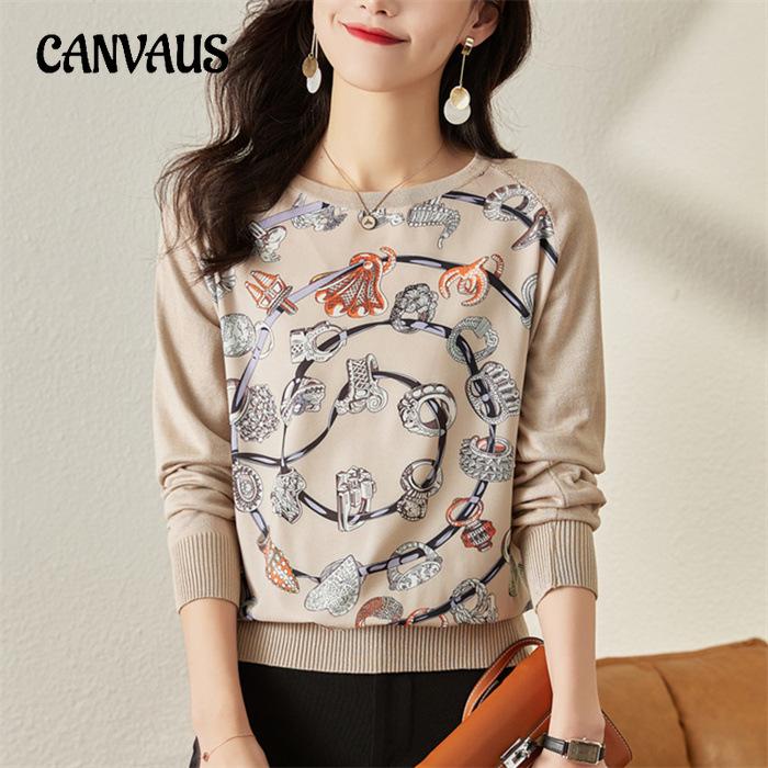 Трикотажная рубашка Женская трикотажная одежда Осенняя свободная рубашка с длинными рукавами Топы с принтом