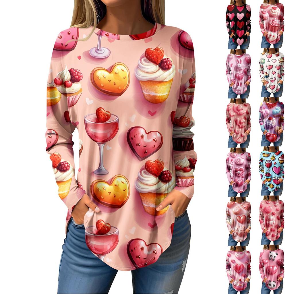 Tee Shirts For Women Casual Round Neck Long Sleeve Shirts Valentine's Day Printing Top Pullover