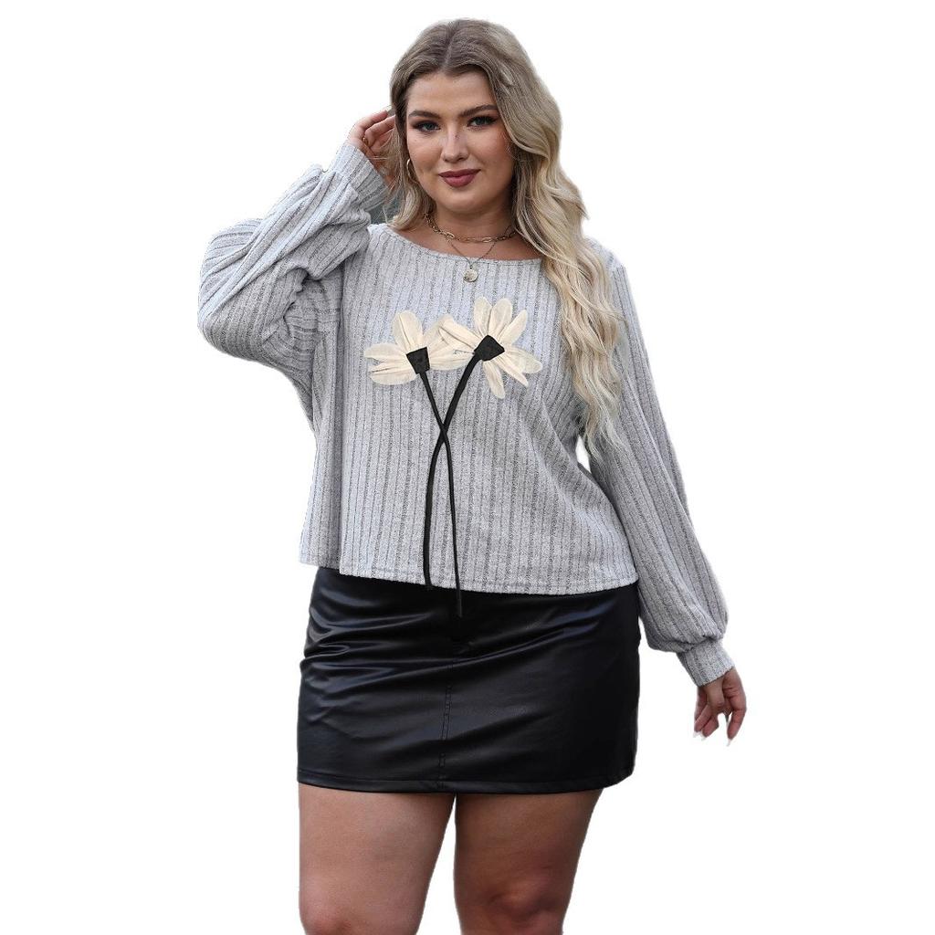 Mesh Three-dimensional Flower Patchwork Round-neck Top, Autumn Base Layer, Large-sized Women's Casual T-shirt