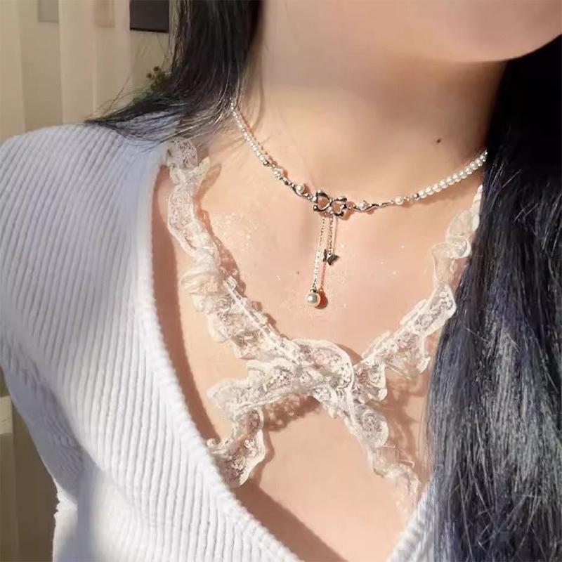 Изысканные ожерелья с подвеской в виде жемчуга и банта для женщин и девочек, элегантные легкие роскошные ювелирные изделия на ключицу, аксессуары