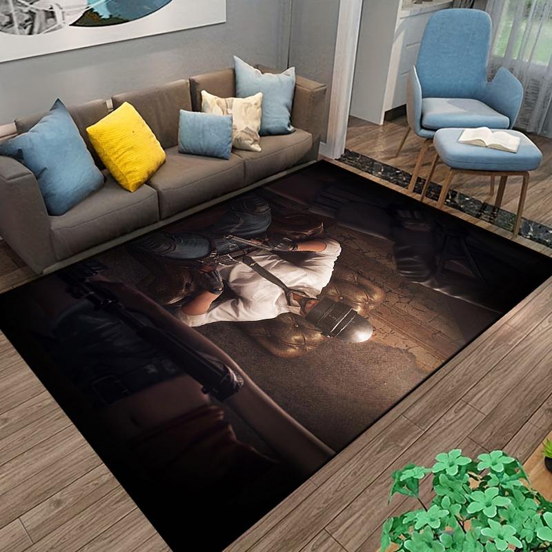 Stylish Gaming Rug with Action Character in Intense Atmosphere Suitable for use as an anti-slip game mat for living room and bedroom sofas
