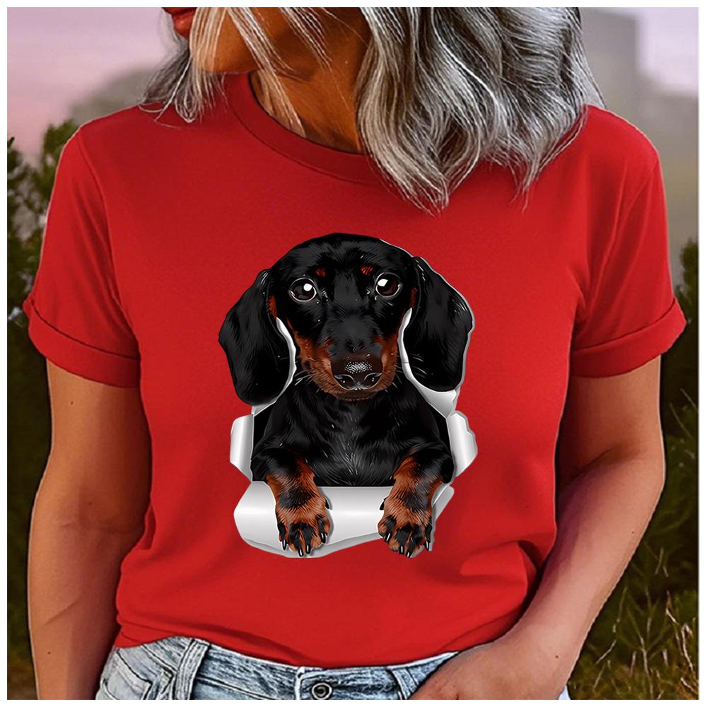 Cotton Cute Dachshund Break Through Paper Graphic T Shirt Women Casual Pet Dog Print Short Sleeve Tee Gift For Dachshund