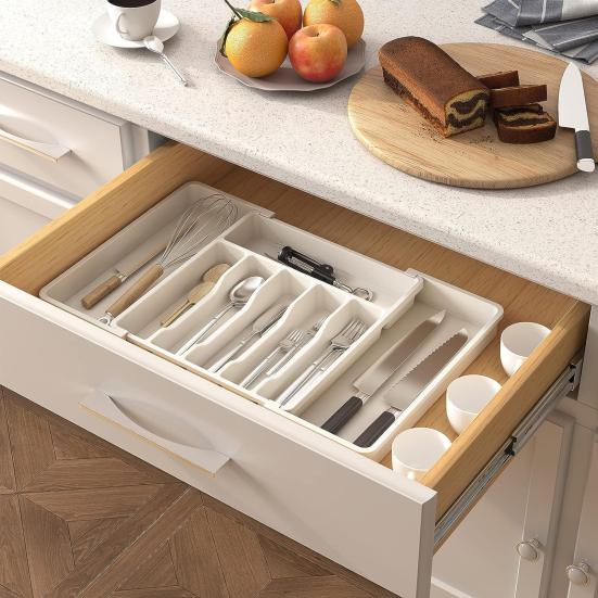 Expandable Utensil Tray Thickened 8 Compartments Easy Sorting Adjustable Width Countertop Organization Tray