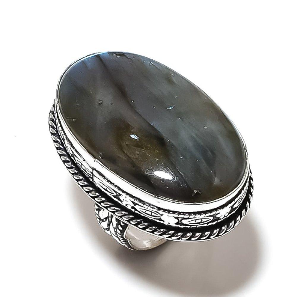 Кольцо из серебра 925 пробы с натуральным лабрадоритом, размер 6, ручная работа V9n43