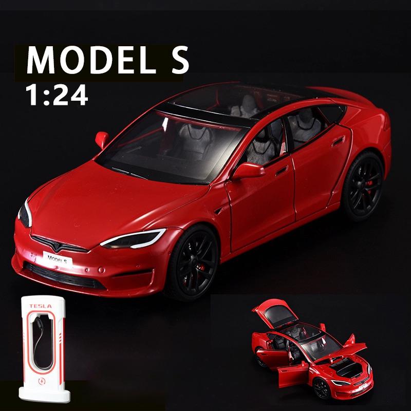 1/24 Scale Diecast Vehicle for Tesla Model S Model Car with Charging Station Collectible Sound Light Toy
