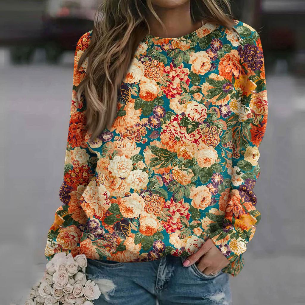 Женская повседневная модная блузка с длинным рукавом и круглым вырезом с принтом и пуловером