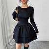 Весна осень повседневный облегающий черный эластичность оборка пышное платье элегантное А-силуэта с круглым вырезом длинным рукавом однотонное вечернее мини-платье женское