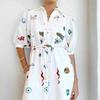 Women Chic Graffiti Print Lace Up Midi Dress Elegant Lapel Lantern Short Sleeve Dresses Female Casual Vacation Vestidos Plus Size