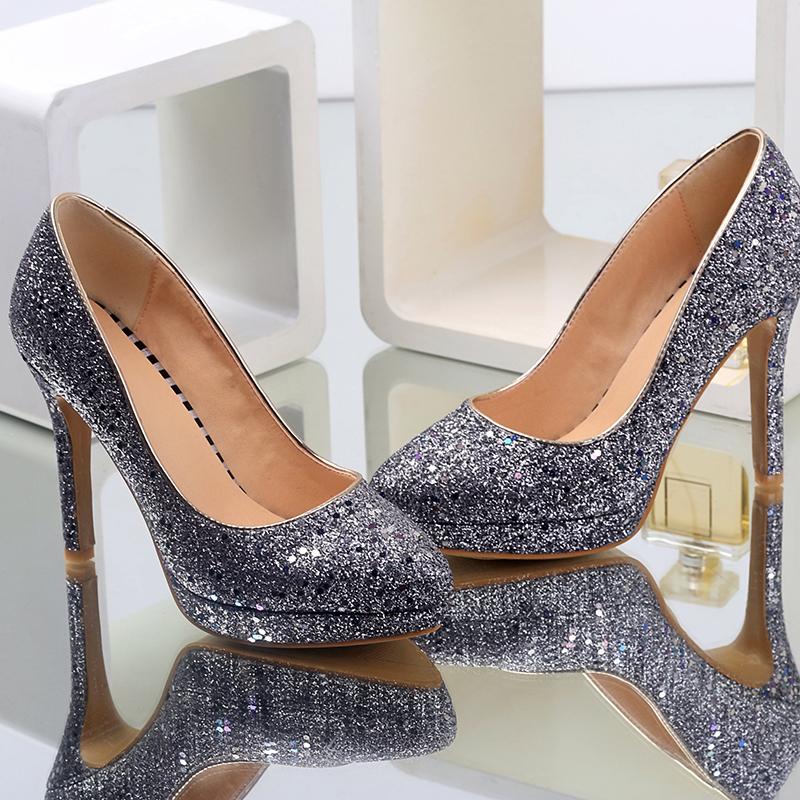 Женские туфли-лодочки на высоком каблуке, модные туфли для банкета и свадьбы с пайетками, водонепроницаемые, на тонком каблуке, с мелким вырезом, большого размера, всесезонные туфли