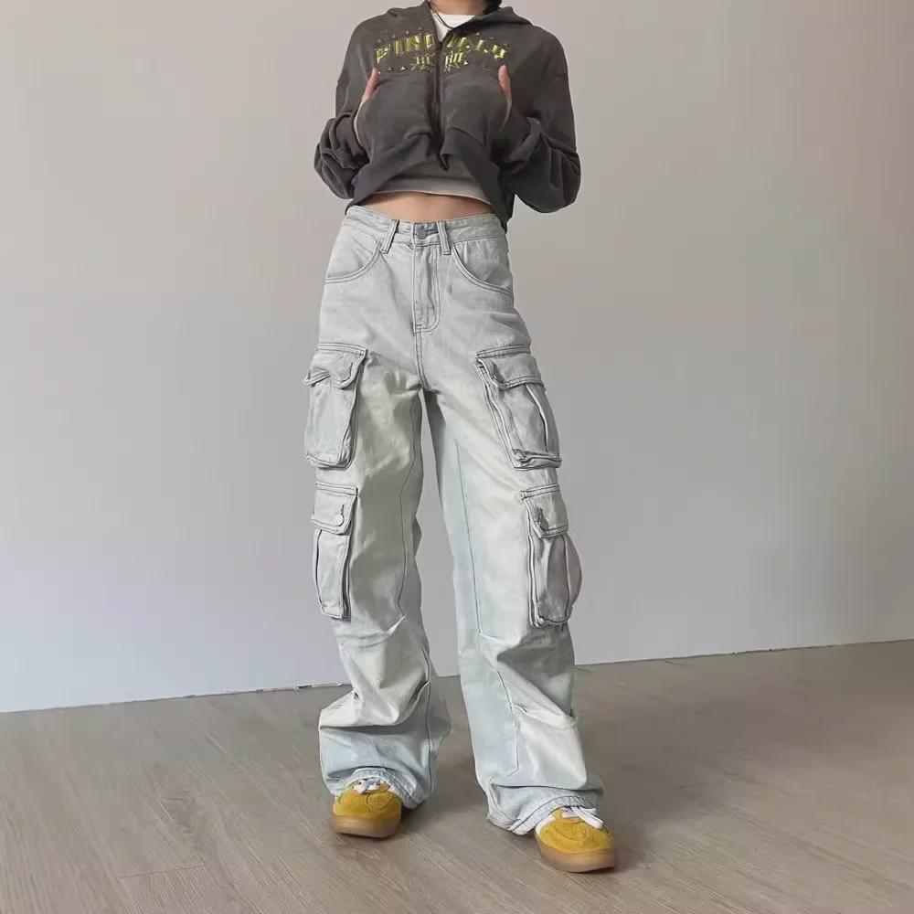 Women's Autumn Retro Straight-Leg Multi-Pocket Washed Jeans In Street-Style Casual Fit