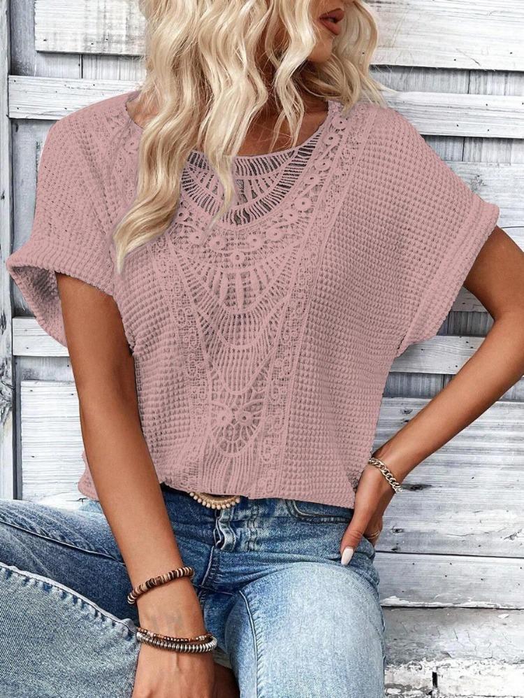 Весна Лето Женская Мода Футболка Европейский Американский Модный Коллекция Короткий Рукав Кружевная Отделка