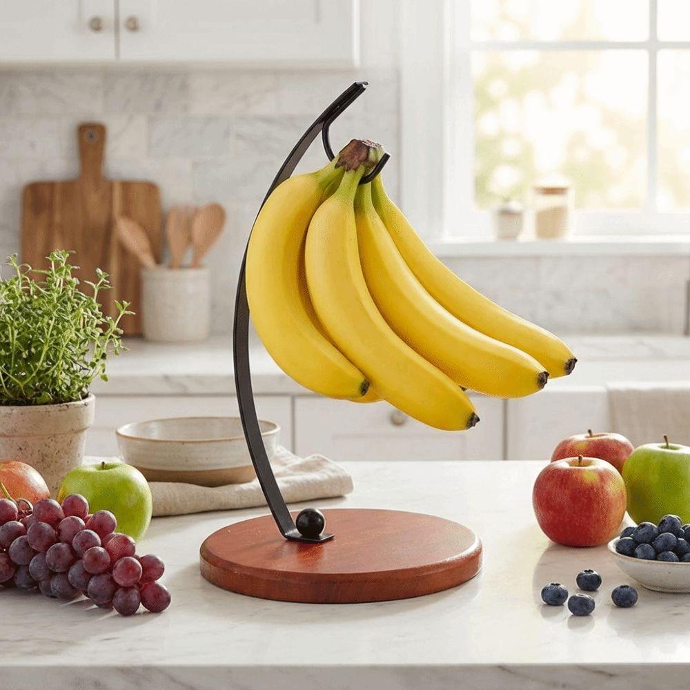 Draining Metal Banana Holder With Wood Base Hanging Fruit Storage Holder Stable Stand with Hook Fruit Hanger Food Display