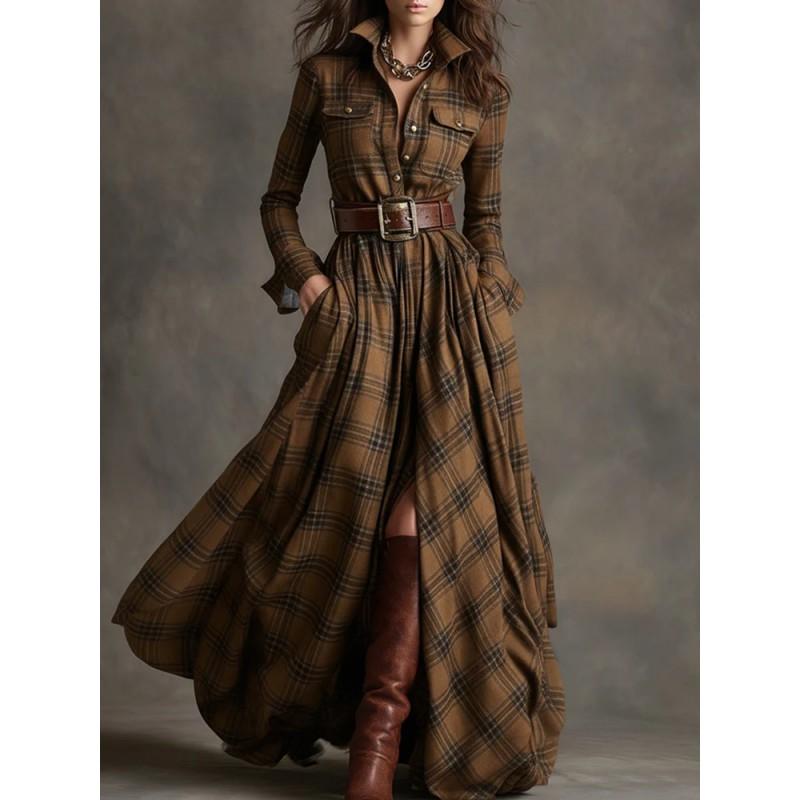 Plus Size Womens French Vintage Plaid Wrap Asymmetrical Midi Dress With Belt Long Sleeve A-Line Skirt Casual