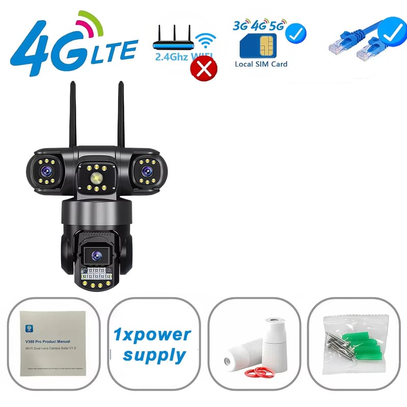 12-мегапиксельная тройная камера IP66 с ночным видением и функцией обнаружения человека с помощью искусственного интеллекта, WiFi-камера видеонаблюдения V380 Pro 4G, SIM-карта, IP-камера безопасности