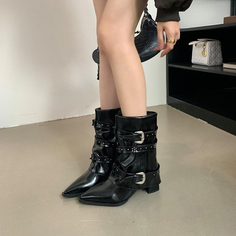 Fashion Boots Heightening Rivet Cowboy Shoes Belt Buckle Pointed Toe Thick Heel Short Boots Fashionable Comfortable Work Shoes