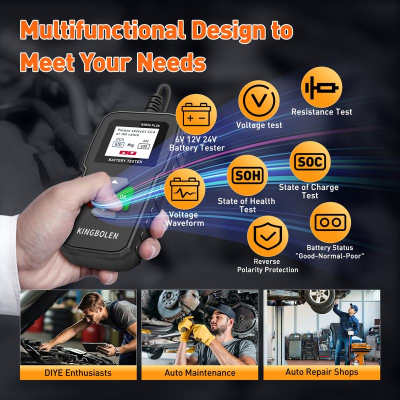 KINGBOLEN BM550 PLUS Car Battery Tester 6V 12V 24V LED Display 100-2000 CCA 2-200Ah Automotive Alternator Tester Digital Battery