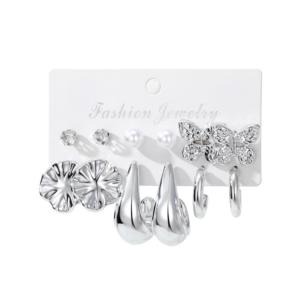 Europe and America Light luxury style butterfly woman C Type Earrings Irregular geometric faux pearl earrings6Set