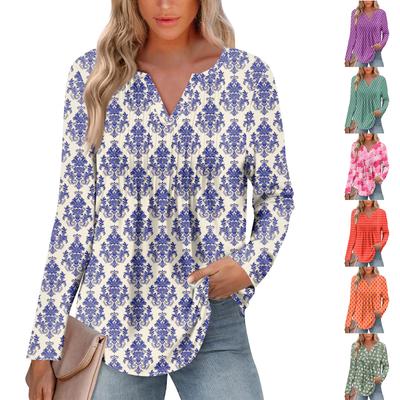 Женская Мода Повседневная Плиссированная Футболка с V-образным Вырезом Однотонная с Длинным Рукавом Элегантные Топы