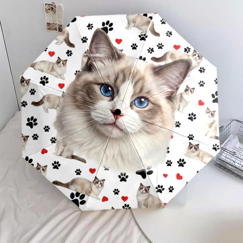 1 шт. Автоматический складной зонт - Узор с милыми кошками и кроликами, Портативный и складной дизайн с 8 спицами, Рождественские и новогодние подарки