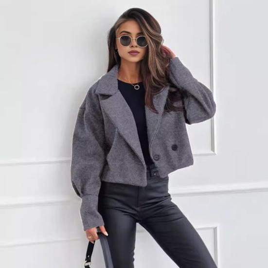 Women Fall Winter Coat Short Type Turn-down Collar Solid Color Loose Button Closure Cardigan OL Commuting Jacket Lady Daily Outwear