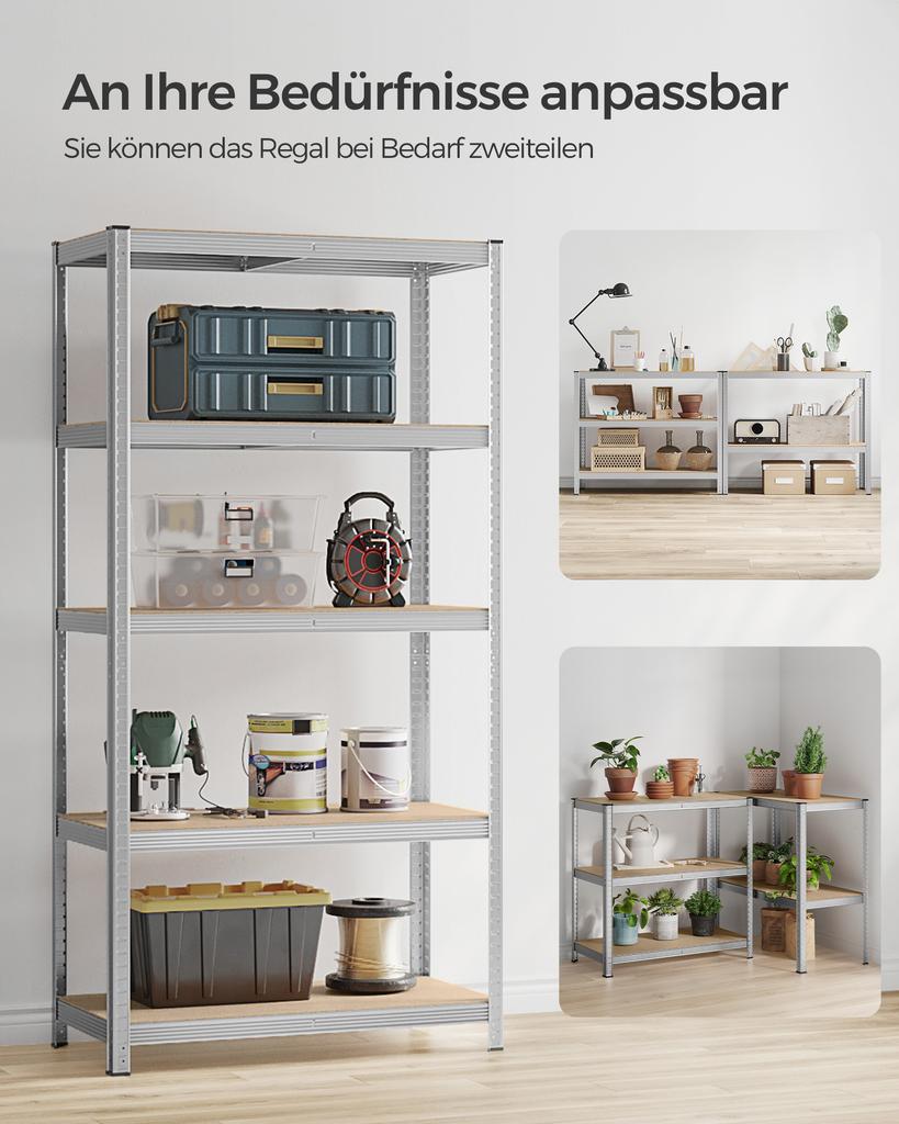 SONGMICS 5-Tier Shelving Unit, Steel Shelving Unit for Storage, Tool-Free Assembly, for Garage, Shed, Load Capacity 600 kg, 50 x 100 x 200 cm, Silver