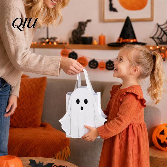 Holiday Treat Bags Halloween Ghost Gift Bag, White Candy Pouch with Cute Face, Trick or Ribbon Handle Bag Favor for Party, Kids Goodie Prizes