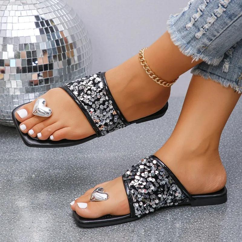 Распродажа модной женской обуви 2024 года, новые женские тапочки с квадратным носком, летние блестки, твердая подошва, легкие повседневные удобные тапочки на плоской подошве