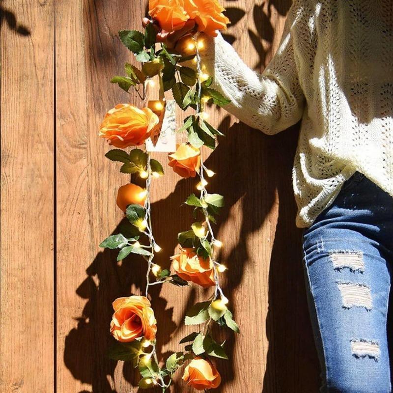 Artificial Silk Fabric, Orange Rose Vines, Halloween Artificial Green Plants, Flower Vines, Home Dining Table Decoration