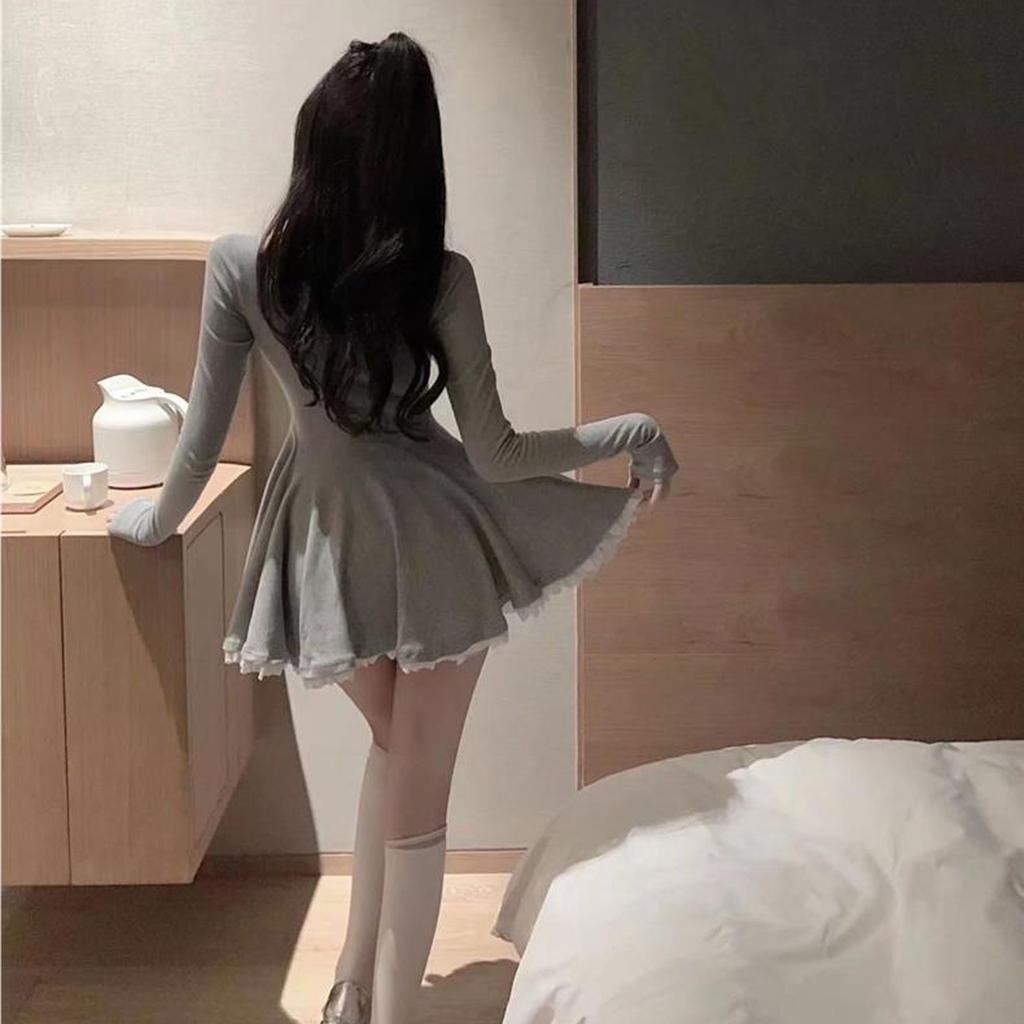 Женское сексуальное платье принцессы с кружевным краем и длинными рукавами на талии