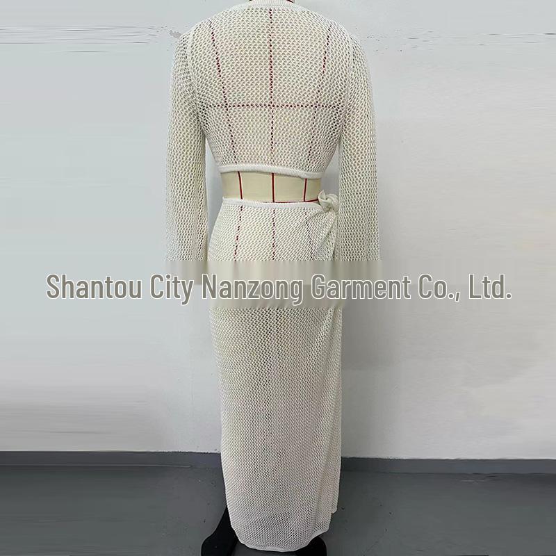 European & American Style Bandage Set: Long-Sleeved Top with Midi Skirt Beach Dress