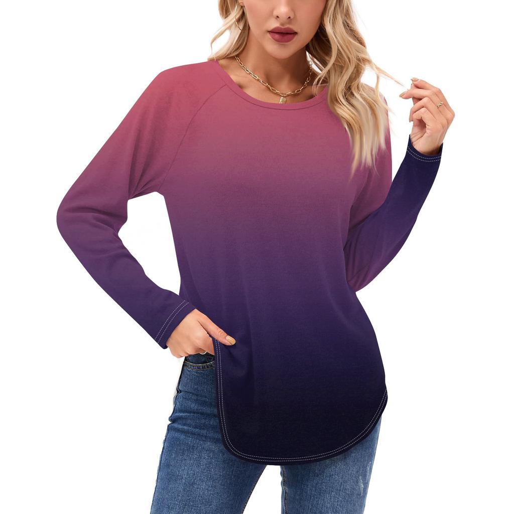 Женские рубашки с длинным рукавом, повседневные, модные, с градиентным принтом, туники, топы, с круглым вырезом, базовая свободная футболка