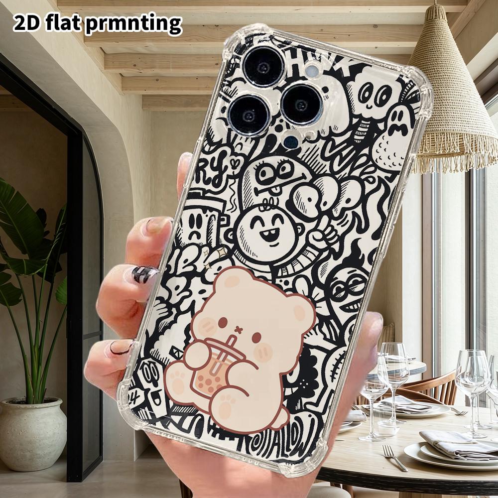 Чехол для телефона: 2D плоский, подходит для iPhone 18 17 16 15 14 13 Pro, прозрачный защитный чехол с четырьмя углами, молочно-белый мишка, Рождество и Хэллоуин
