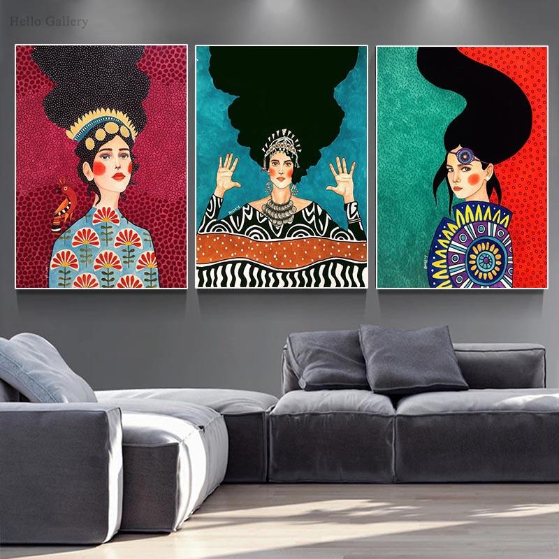 Abstract Flower Girl Colorful Long Hair Nordic Poster Female Wall Art Canvas Painter