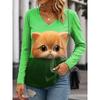 Женские футболки с графическим принтом животного кошки Элегантные модные футболки с длинным рукавом V-образным вырезом Обычные топы Пуловер Осень Зима