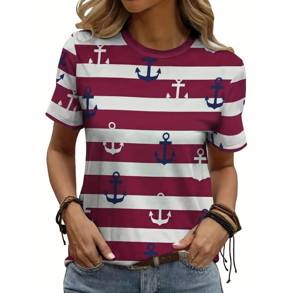 Fashion Boat Anchor Pattern Women's Clothing Summer Striped Patchwork Color Round Neck Short Sleeved Tops Loose Casual Oversize