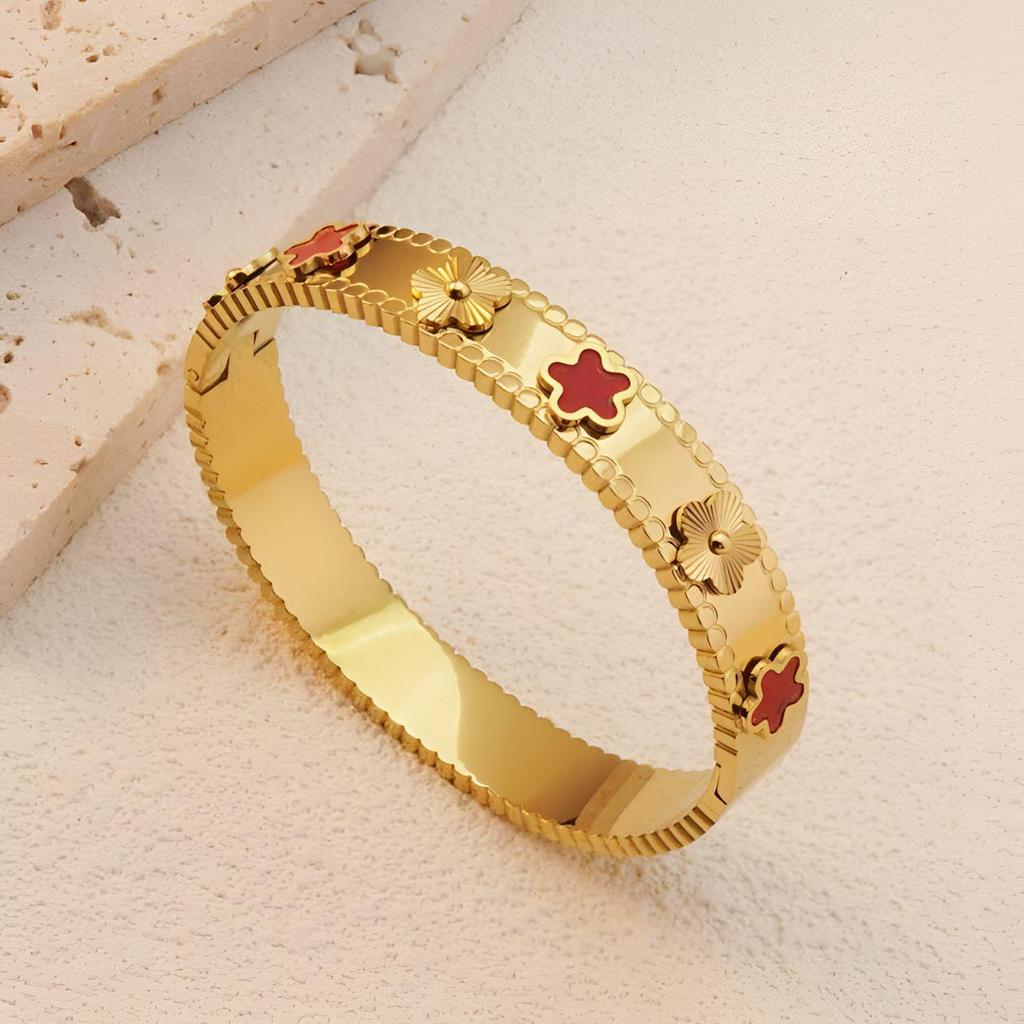 Браслет-калейдоскоп из титановой стали с 18-каратным золотым покрытием в виде пятилистного клевера - узкая и широкая версии, роскошное женское украшение.