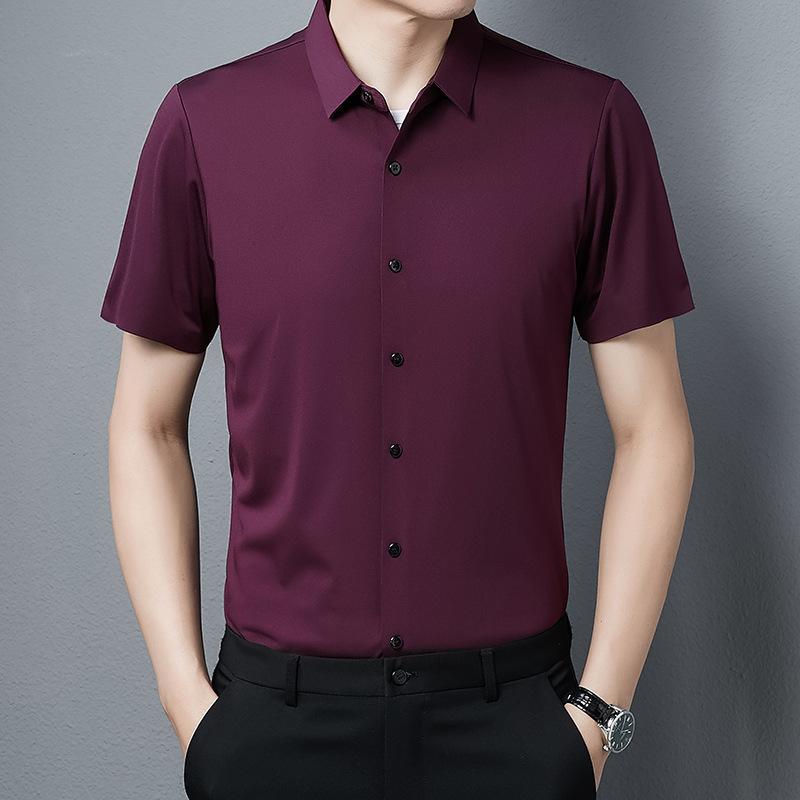 Летняя новая бесшовная рубашка с тесьмой, мужская, с короткими рукавами, модная, эластичная, однотонная, деловая, не требующая глажки, мужская рубашка
